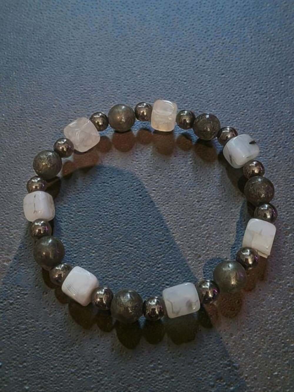 Natural Pyrite & White Marbled Agate Stretch Bracelet